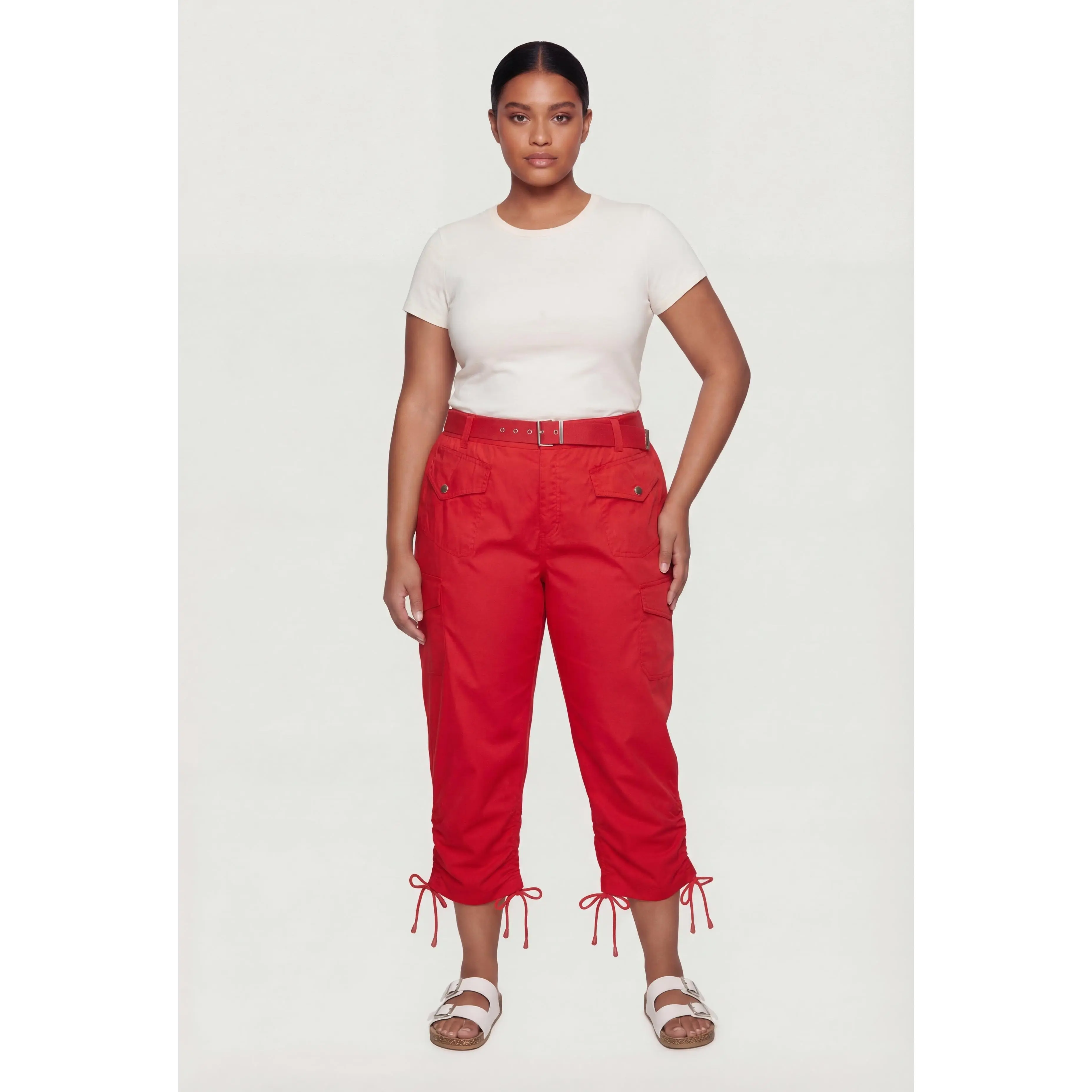 Plus Size Belted Cargo Capri Pants with Ruched Drawstring Hem