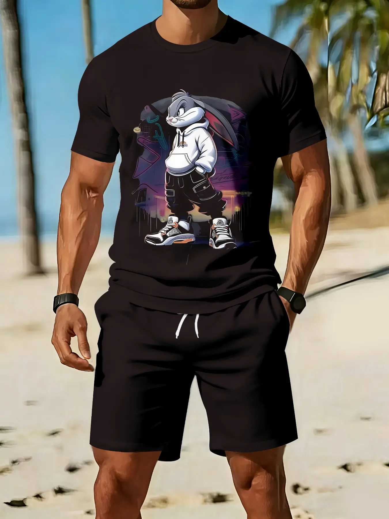 Trendy Streetwear Cartoon Casual Men's 3D Digital Printed Two-piece Set, 2Pcs, Fashion Trendy Outfit, Retro Casual Two-piece Suit, Resort-style Tropical Trendy Wear, Breathable Sports Casual Style, Perfect Holiday Gift for Men, Menswear, Clothes