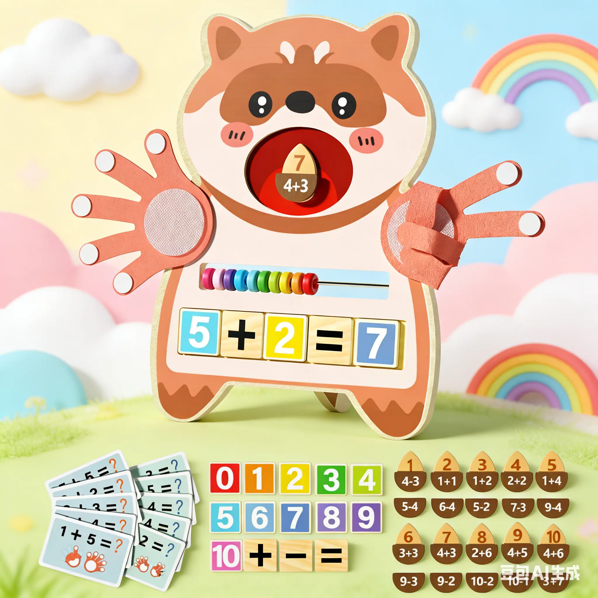 Edutree Wooden Raccoon Math Board: Montessori Sensory Toy 1-7 Years Old, Number Recognition & Fine Motor Skills for Kids, Educational Fine Motor Skills Learning Game for Toddlers Boys Girls, Mother's Day