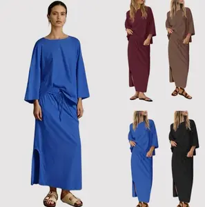 Mundoven Womens 2 Piece Skirt Sets Oversized 3/4 Sleeve Top and Maxi Skirt Fall Matching Outfits Travel Vacation Set