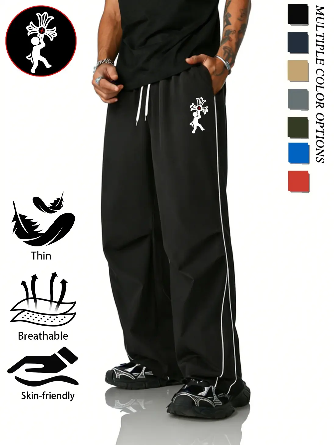 Unisex athletic long pants—relaxed casual sweatpants that are ultra breathable, lightweight, skin-friendly, and soft for summer. Retro Y2K street style with a cross print, side stripes, and an elastic waistband with drawstring. Available in seven colors.