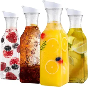 4Pcs Water Carafes with Flip Top Lid, 50oz Square Containers,Juice, Milk,jugs,drinkware,Cold Brew and Mimosa Bar Lemon Insulated Airtight Swing Glass Bottles clear plastic Lightweight Pour