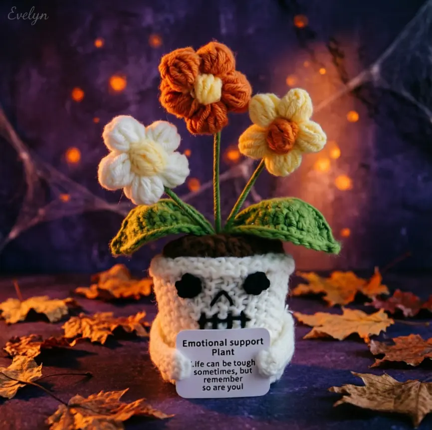 Assorted Handmade Crochet Emotional Support Potted Plants, Multi‑Style Knitted Flower & Cactus Desk Ornaments, Positive Quote Home Decor Gifts