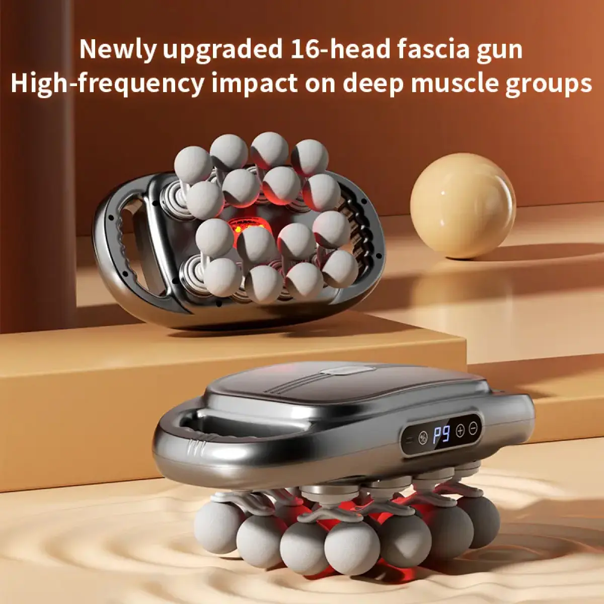 16-Head Quiet Ceramic Heads Muscle Massage Gun - 30 Levels, 3 Modes Deep Tissue Percussion, Red LED Light Therapy, Auto-Rotating Curler for Back/Shoulders Pain Relief, Youth Adjustable Personal Care Massager, Body, Legs, Quiet Muscle