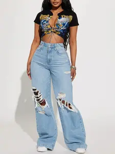 Not A Chance Ripped Non Stretch Wide Leg Jeans - Light Wash