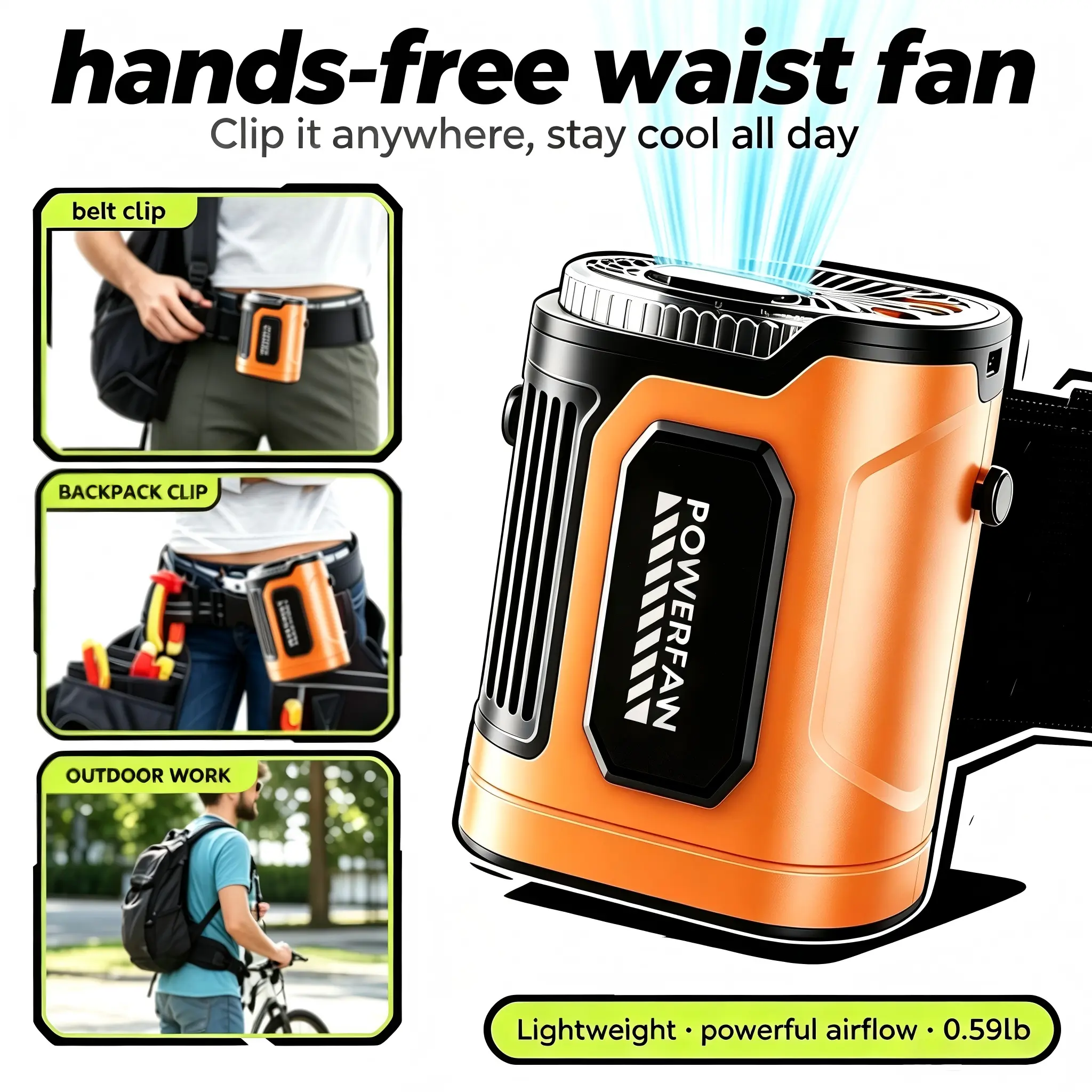Portable Rechargeable Waist-Belt Fan 2026, 5-Speed 5500 RPM Strong Airflow, Hands-Free, Up to 15 Hours Run Time, Automotive & Motorcycle Exterior Accessory for Camping, Outdoor Activities