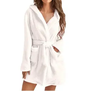 Thickened Plush Hooded Long Sleeve Bathrobe, Comfortable Warm Short Robe with Drawstring, Casual Sexy Style for Women
