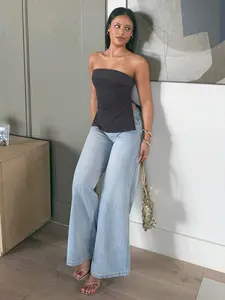 women's dark grey ruched bandeau strapless top
