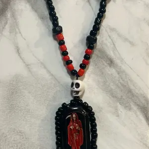 Santa Muerte 15 inches Necklace with 1.5 Inches Pendant red and Red Beads Unique Design Cuban Link Chain Gold Plated Amulet