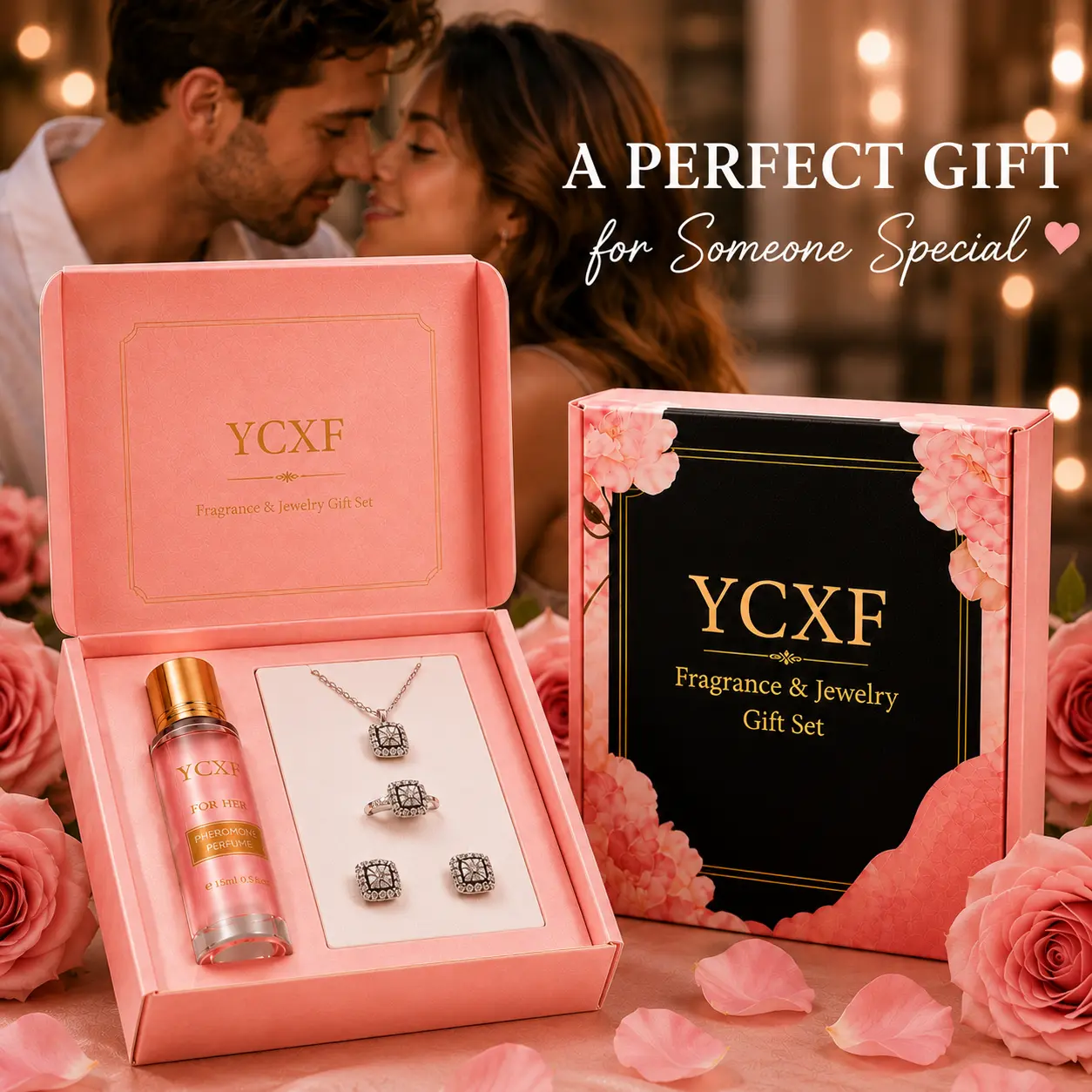 YCXF Women Perfume Jewelry Combo Gift Box, 4 Pieces Set Including 15ml Long Lasting Scent Perfume & Sparkling Diamond Necklace Ring Stud Earrings, Ready To Gift Luxury Packaging, Perfect Holiday Surprise Gift for Girlfriend Wife Friends