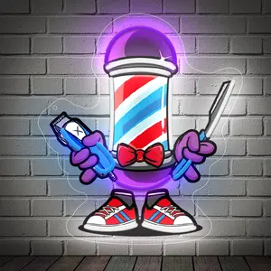 Barber Shop Sign Cartoon Neon Lights, Hairdressing Salon Signs, Barber Shop Wall Decoration, Suitable for Hairdressing Shops, Shop Sign Decoration, USB Adapter, (Purple * Cold White * Blue)