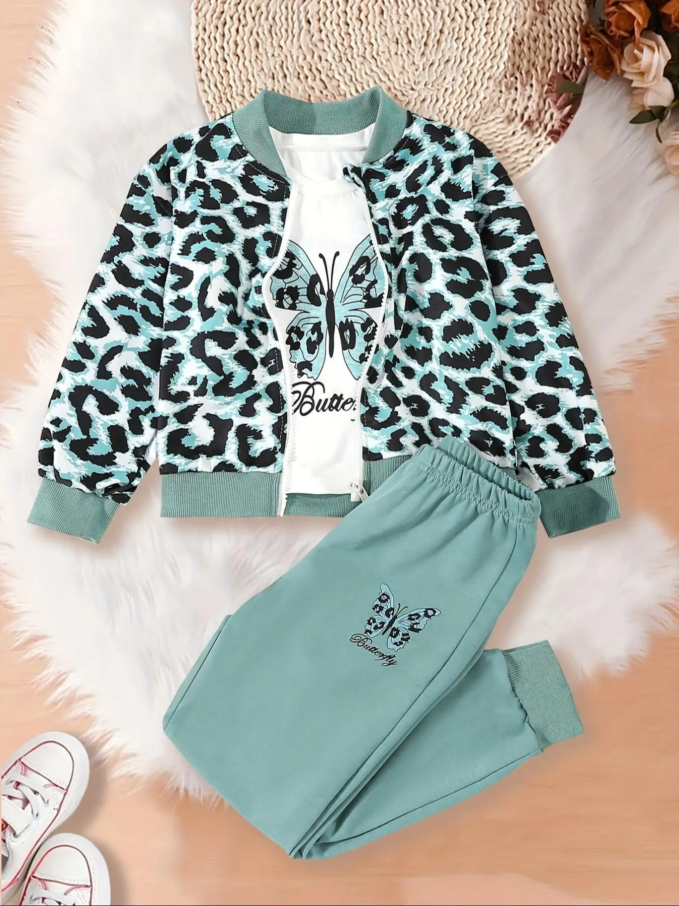 Girl's Leopard Print Zip Up Jacket & Top & Sweatpants Set, Casual Fashion Three-piece Outfits for Daily Outdoor Wear, Girls Set for Spring & Fall