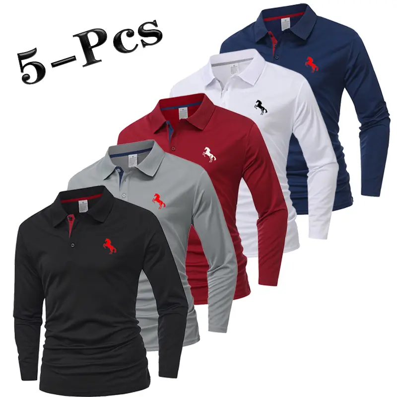 5 Pack Polo Shirt Set for Men, Classic Long Sleeve Collared Shirts with Embroidered Chest Detail and Button Placket, Soft, Breathable and Comfortable Slim-Fit Tops for Business Casual, Golf, Office, Work, Travel, Weekend Streetwear and Everyday versatile