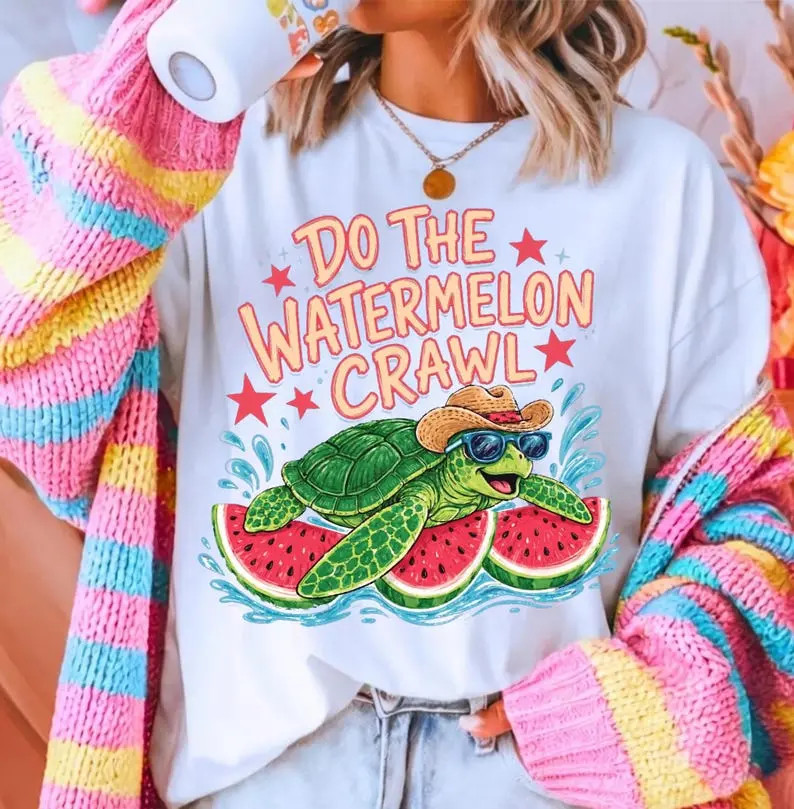 Turtle Shirt Do the Watermelon Crawl, Funny Summer Beach T-Shirt, Turtle Lover Gift, Ocean Coastal Tee, Watermelon Girly Top