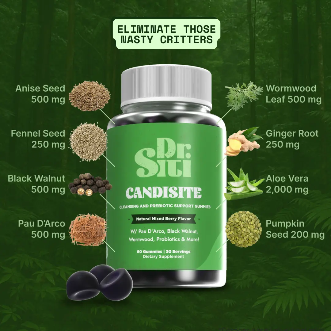 Dr. Siti | Candida/Para Cleanse - 60 Gummies - 10-in-1 Advanced Formula with Black Walnut Pau D'Arco & Wormwood - Non-GMO - Candisite