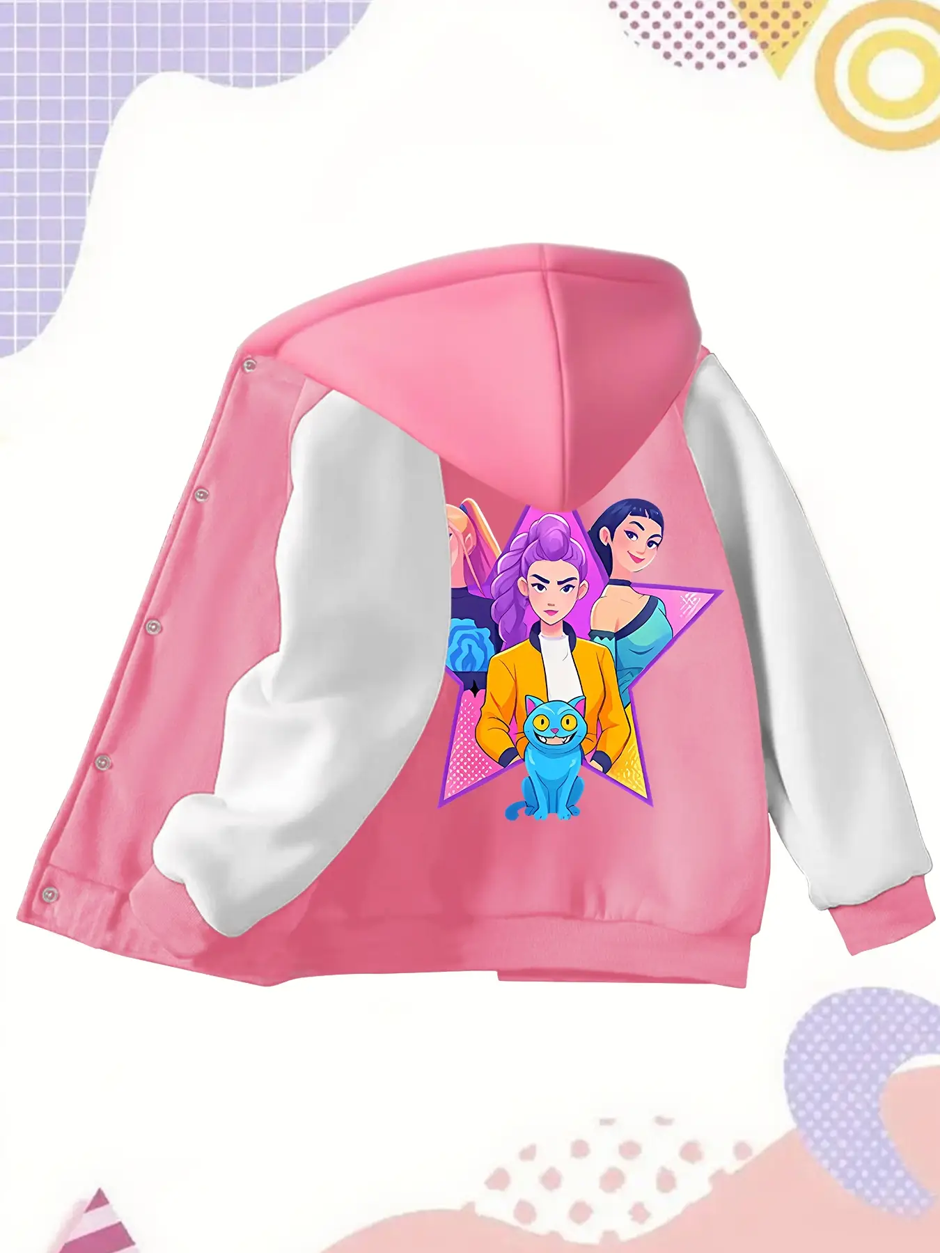 Girls' Kpop Hunter Series Hooded Jacket, Cute Letter Print Baseball Coat, Comfortable Casual College Style Outerwear for Spring & Fall