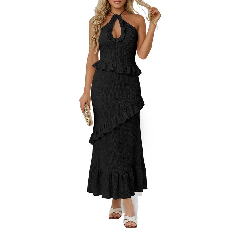 Women's Sexy Halter Maxi Dress Cutout Sleeveless Ruffle Tassel Backless Party Club Summer Dresses