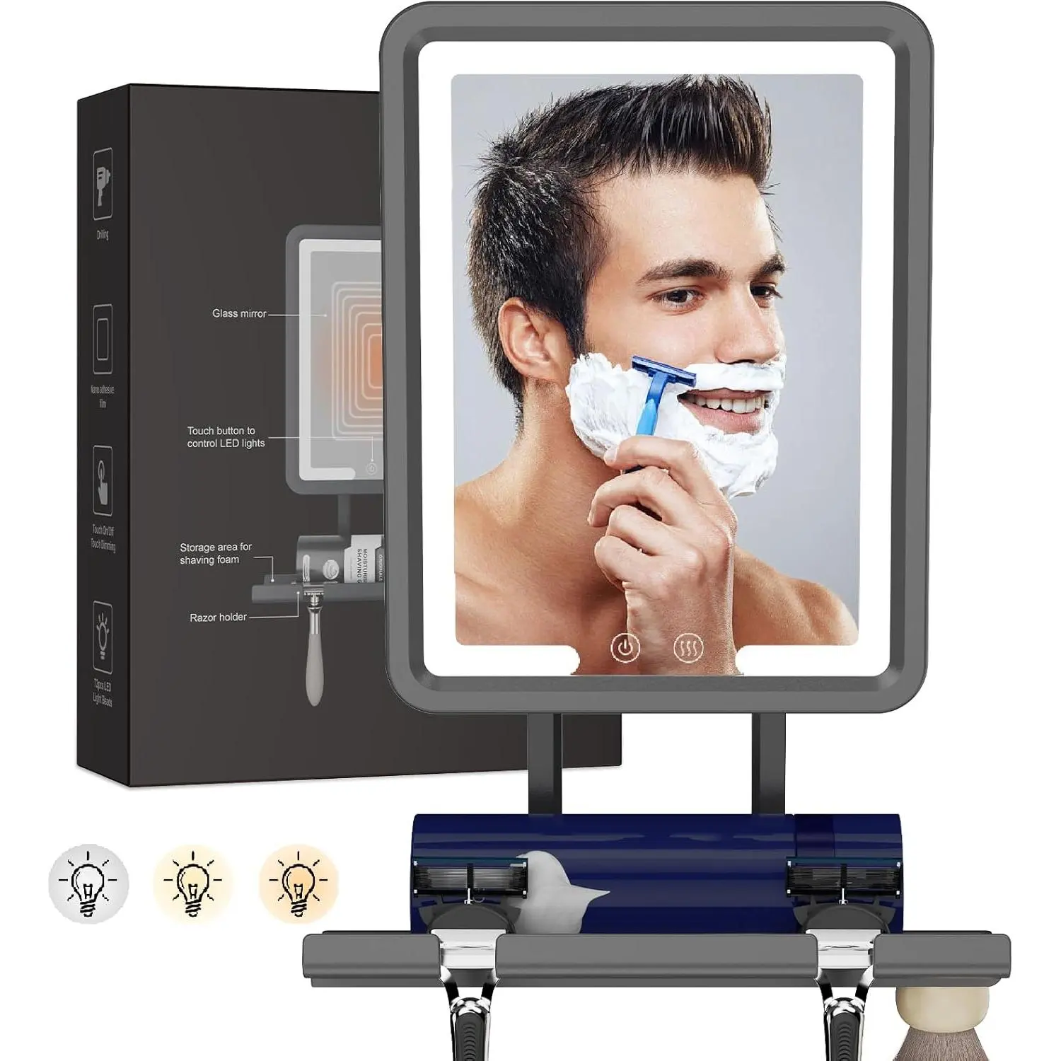 Delanges Fog-Free LED Shower Mirror for Shaving, Heated, 3 Dimmable Lights, 360° Adjustable, Cordless Rechargeable 5000mAh Lithium Core, Drill-Free, with Storage Tray, Razor & Shaving Brush Holders, ABS Bathroom Fixture Gift for Men, Drill-Free Installati