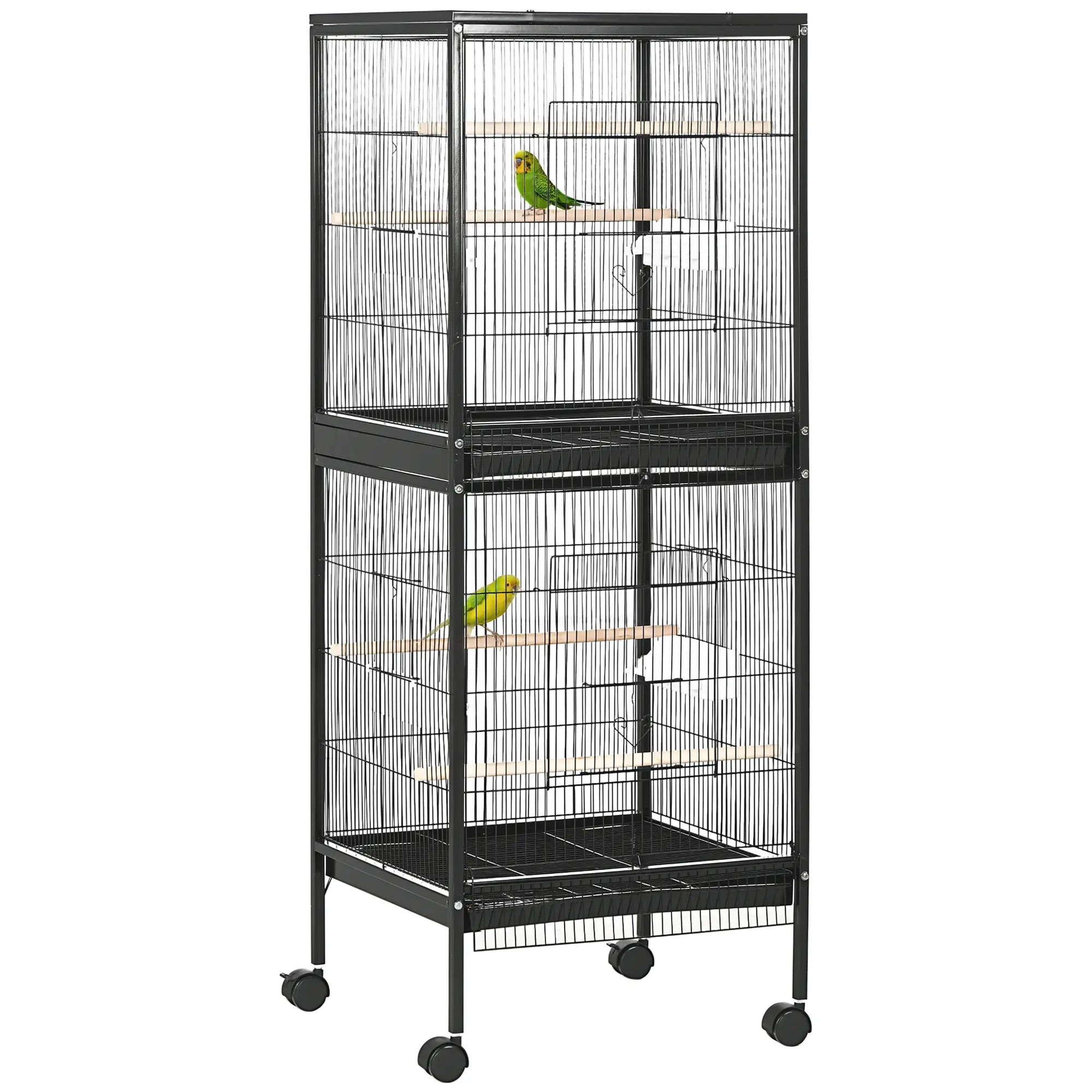 Black 2-In-1 Rolling Bird Cage - 1.7ft Wingspan, Sturdy Metal Wire Frame, Multi-Angle Access Doors, Complete Parakeet Feeding & Resting Accessories