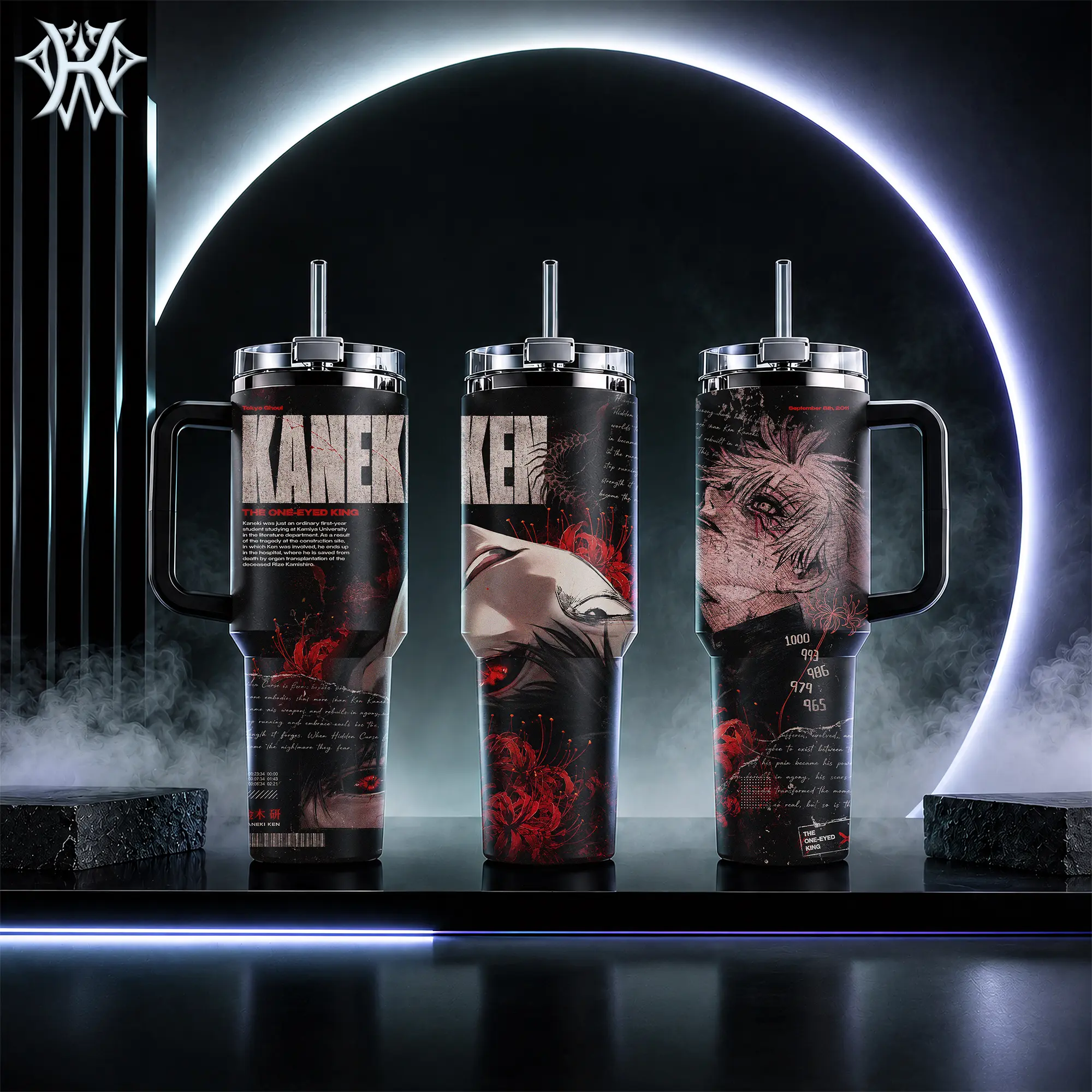 Tokyo Ghoul Ken Kaneki Anime Merch Set - 40oz Insulated Stainless Steel Tumbler with Handle, 20oz Skinny Mug, Leak-proof Water Bottle with Straw, Gift for Anime Fans