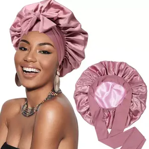 Double Layer Bonnet with Elastic Tie Band Silky Bonnet Satin Bonnet Hair Bonnet for Sleeping for Women Natural Cruly Hair