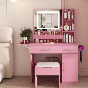Make Up Vanity Desk with Mirror and Lights, Small Vanity Desk with Drawers, Storage Chair, Storage Shelves and Charging Station, Makeup Vanity Table for Girls and Women, Pink