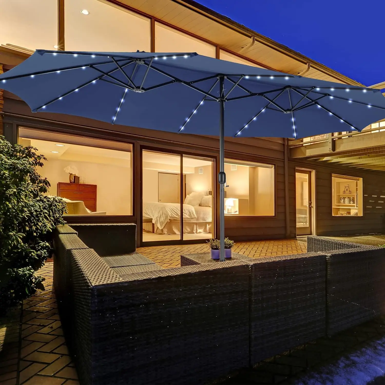 VALLMORE 15Ft Double-Sided Patio Umbrella with 48 Solar LED Lights, Extra Large Outdoor Market Umbrella, 12-Rib Steel, Hand Crank, Vented Canopy for Garden Backyard Poolside