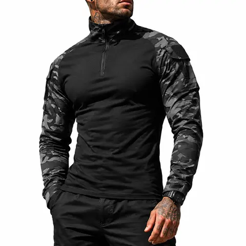 Men's Polyester Tactical Slim-Fit Long-Sleeve Raglan Top - Quarter-Zip, Patch Pocket, Wear-Resistant Rugged Style, Outdoor Activities Activewear, Outdoor Sports Clothing, Casual Outdoors Hiking Base Layer Shirt