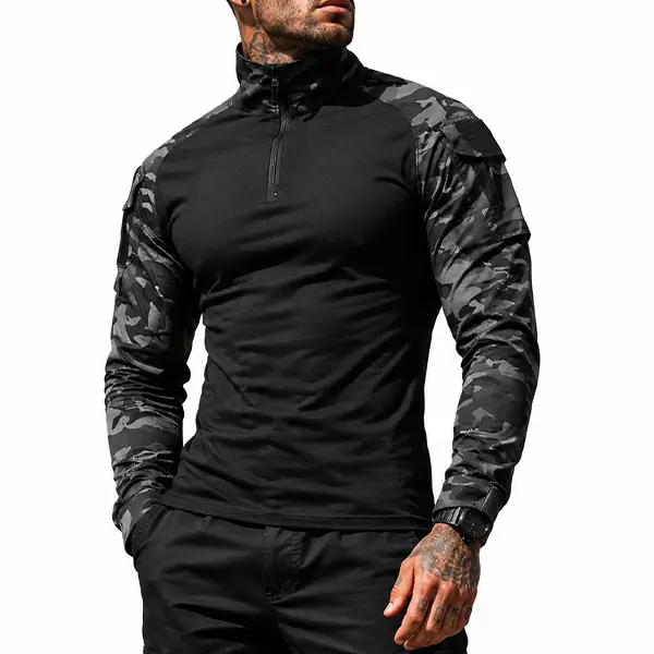 Men’s Outdoor Wear-Resistant Tactical Slim Fit Long-Sleeve Top with Patch Pocket, Quarter-Zip, Rugged Style, Everyday Base Layer Shirt for Hiking