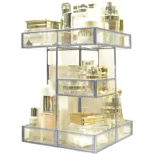 360 Degree Rotation Makeup Organizer Antique Countertop Cosmetic Storage Box Mirror Glass Beauty Display, Gold Spin Large Capacity Holder for Brushes Lipsticks Skincare Toner (silver)