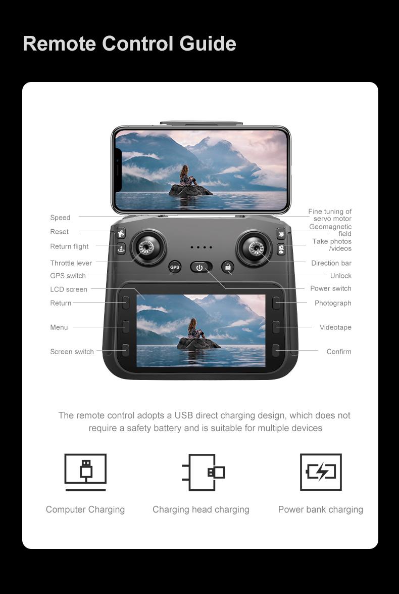 YCMDCGIE GPS drone is equipped with a 4K camera and comes with a 4.5-inch LCD remote controller. It features professional GPS intelligent tracking, AI smart return, follow mode, brushless motors, and a foldable design.