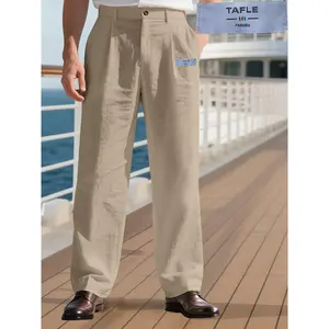 Men's Gurkha Trousers in Plain Khaki Linen, Casual Loose-Fit for Business Wear with Functional Pockets