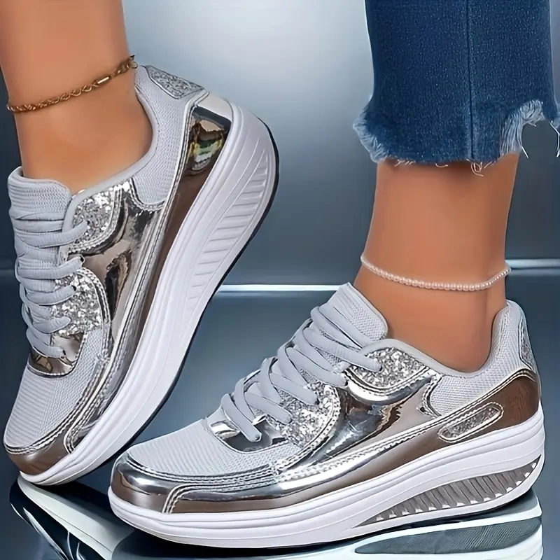 Women's Glitter Low Top Platform Sneakers, Lace-Up Casual Walking Shoes with a Closed Round Toe and Heightening Sole