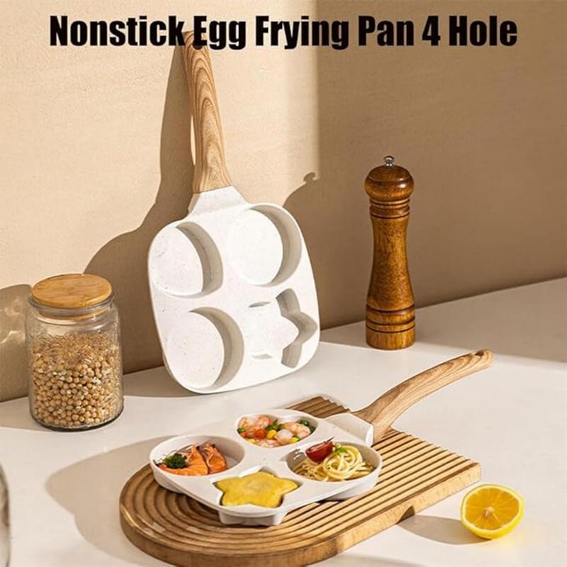 Non-stick Hole Design Egg Frying Pan, 4 Hole Skillet with Handle, Small Egg Fry Pan 4-in-1 Divided Grill Pan, Wooden Handle Stone Omelet Non-stick Cookware, Breakfast Pancake Pan, Kitchen Gadgets for Gas and Induction Cooktops gas stove