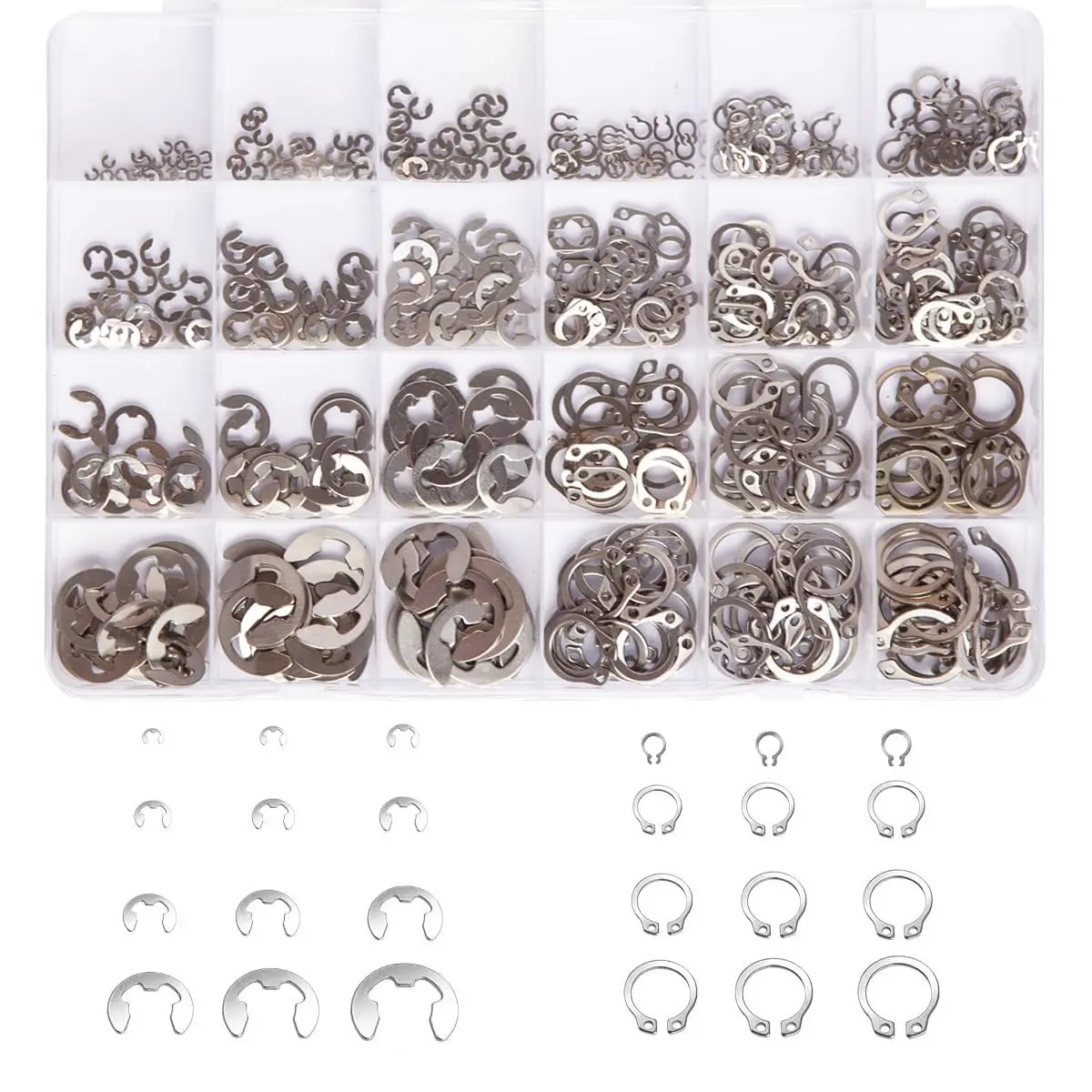 528pcs E-clips Circlip Retaining Rings Assortment Set(1.2mm-10mm) And C-clips External Snap Kit 304 Stainless Steel(m3-m14),24 Sizes