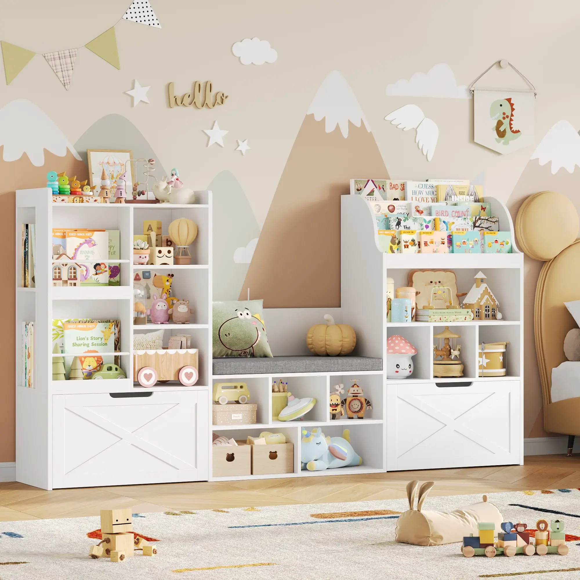 FOTOSOK Kids Bookshelf with Reading Nook, 75" W Kids Toy Storage Organizer with 2 Large Movable Drawers, Kid Bench for Playroom Kids Room Living Room