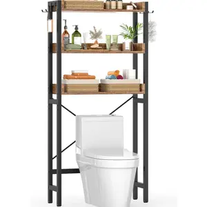 Over-The-Toilet Storage Rack, 3-Tier Bathroom Organizer Shelf Over Toilet, Freestanding Space Saver Toilet Stands with 4 Hooks, Rustic Brown