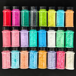 2oz Holographic Chunky Glitter Set of 24 Color Mixed Laser Block Craft Glitter Sparkle Sequins Cosmetic Glitter Flake for Epoxy Resin, Body, Face, Eye, Nail Arts, Slime Making, Wedding Festival