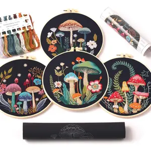 4 count of Embroidery Starter kit with Patterns and Instructions, DIY Adult Beginner Cross Stitch Kits, Including 2 Plastic Embroidery Rings, 1 Pair of , Colored Threads and