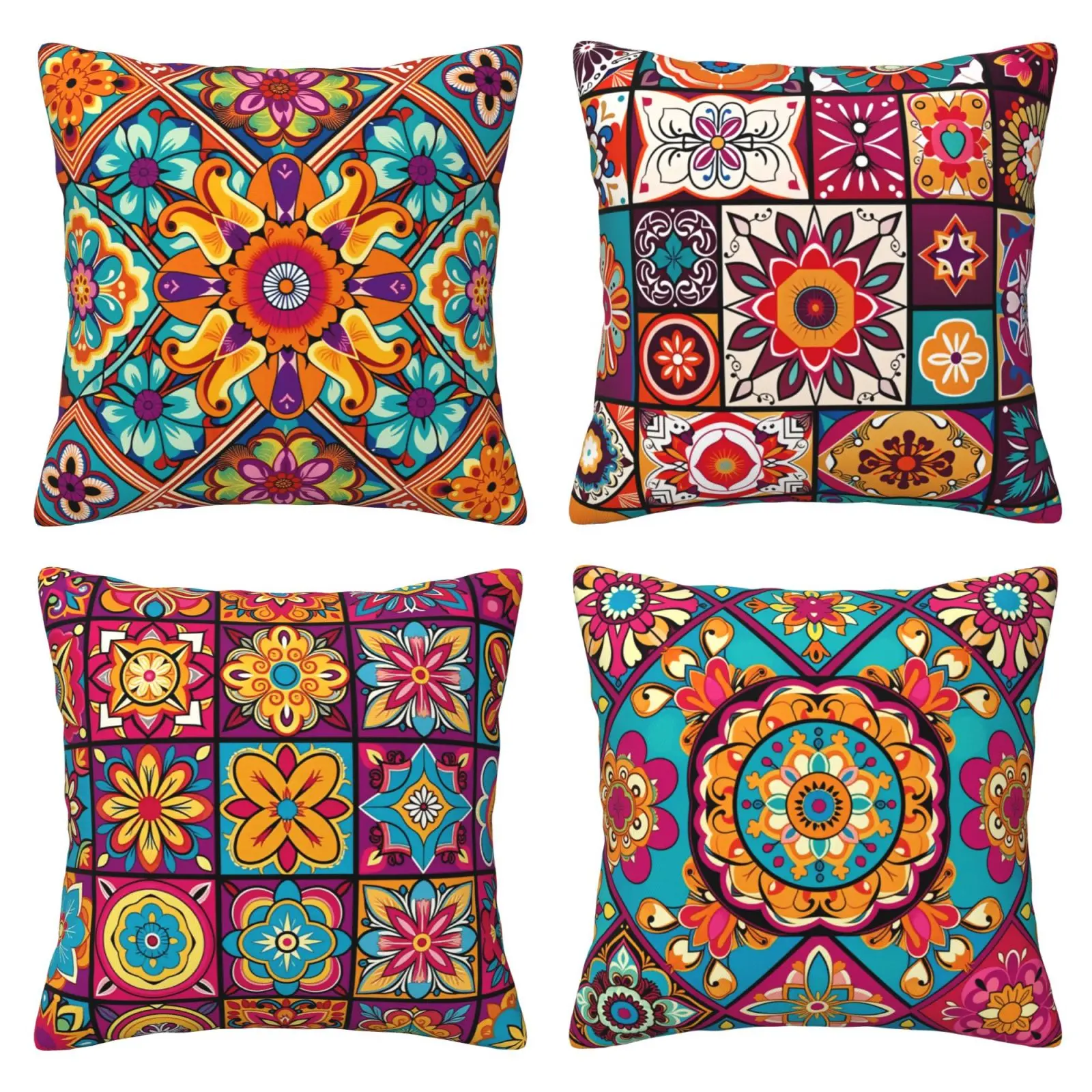Bohemian-style mandala and checkered throw pillow set, modern decorative sofa cushion Decoration for bedroom and outdoor use, Bedroom Decorative Accessories, 4-piece double-sided printed set (without pillow core)