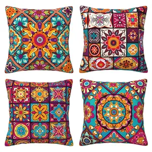 Bohemian-style mandala and checkered throw pillow set, modern decorative sofa cushion for bedroom and outdoor use, 4-piece double-sided printed set (without pillow core)