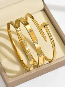 Fashion Stainless Steel 18k Four-Leaf Clover Studs Geometric Design Bracelet Set, 3 Piece Jewelry Collection