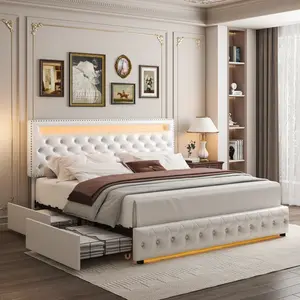 GEGOFORU Queen LED Storage Bed Frame with 4 Drawers, Smart RGBW LED Headboard & Footboard Lights, Noise-Free Platform Bed, No Box Spring Needed, White