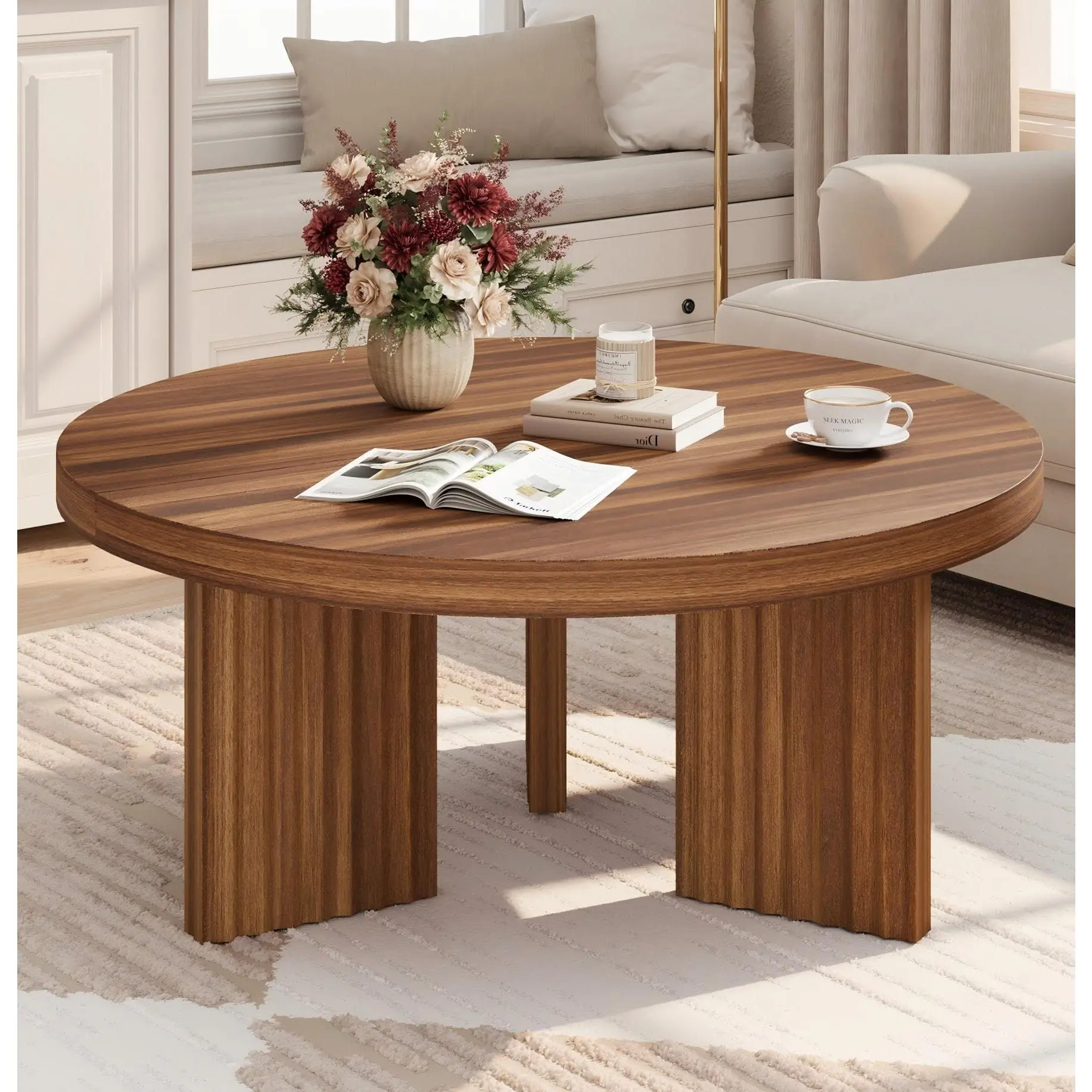 GAOMON 33.5" Round Coffee Table, Circle Center Table with Fluted Legs & 1.3" Thick Top, Accent Sofa Tables for Living Room, Bedroom, Easy Assembly, Walnut Brown