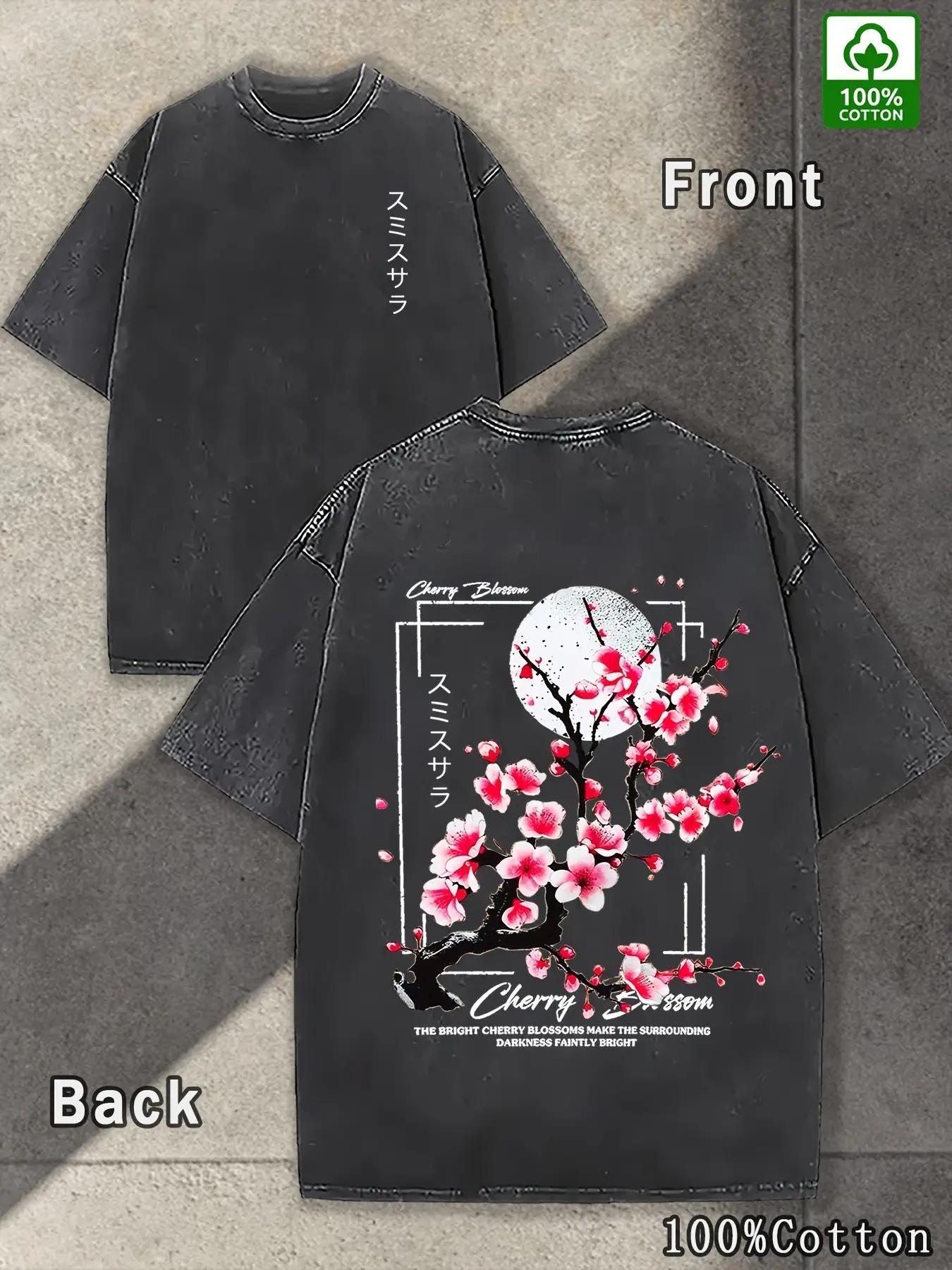 Men's 100% Washed Round Neck Short Sleeve Streetwear T-Shirt, Loose Knit Fabric with Cherry Blossom & Japanese Lettering Print, Fashion Casual Weekend Wear Pink Unisex Graphic Acid Wash Menswear Top tiktokshopspringglowup,summervibes Menswear Tops