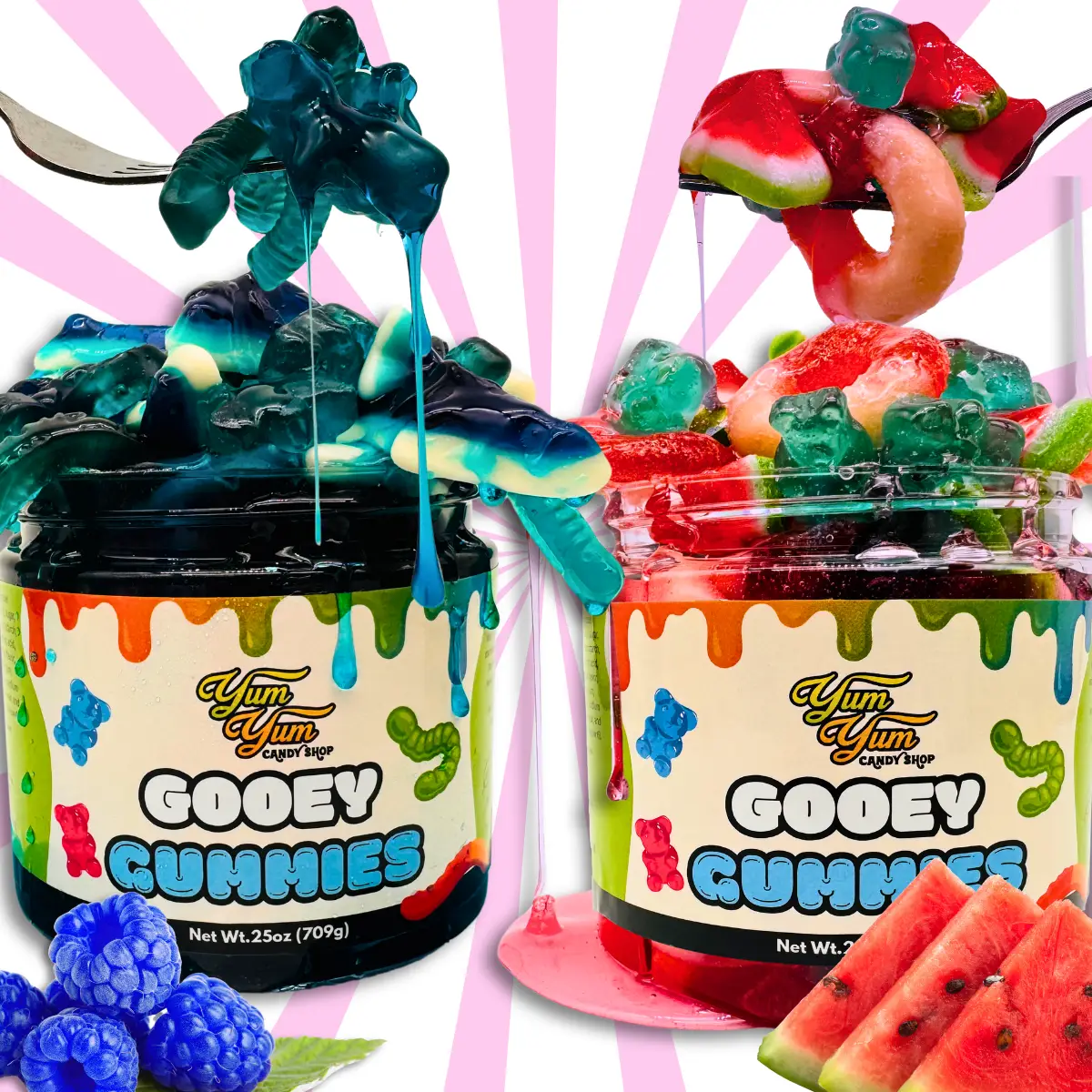 Sweet Gooey Gummies in Sweet Ooze Liquid Candy Blue Raspberry - Watermelon - Wet Snack 13-25 oz Container Chewy Gummy