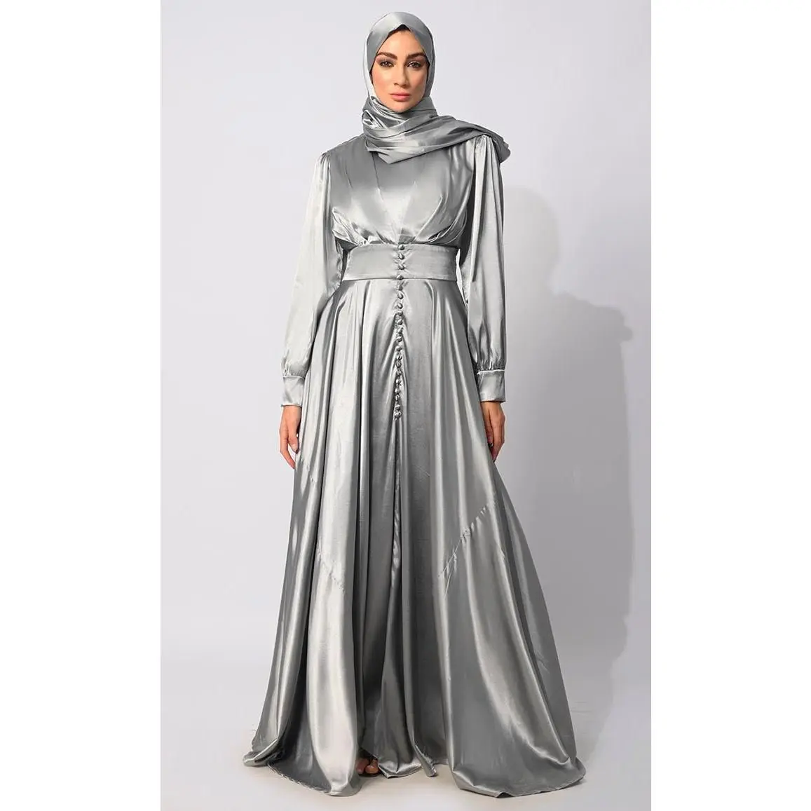 Contemporary Couture: Grey Satin Flared Abaya