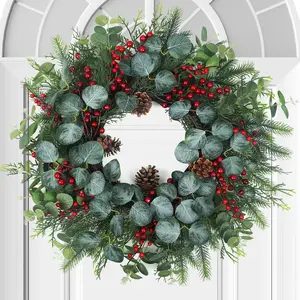 Spring Wreaths for Front Door,Boxwood Wreaths for Indoor and Outdoor Wedding Decorations,Spring Wreath with Pine Cones and Leaves,Berries,Eucalyptus Leaves for Home Decor