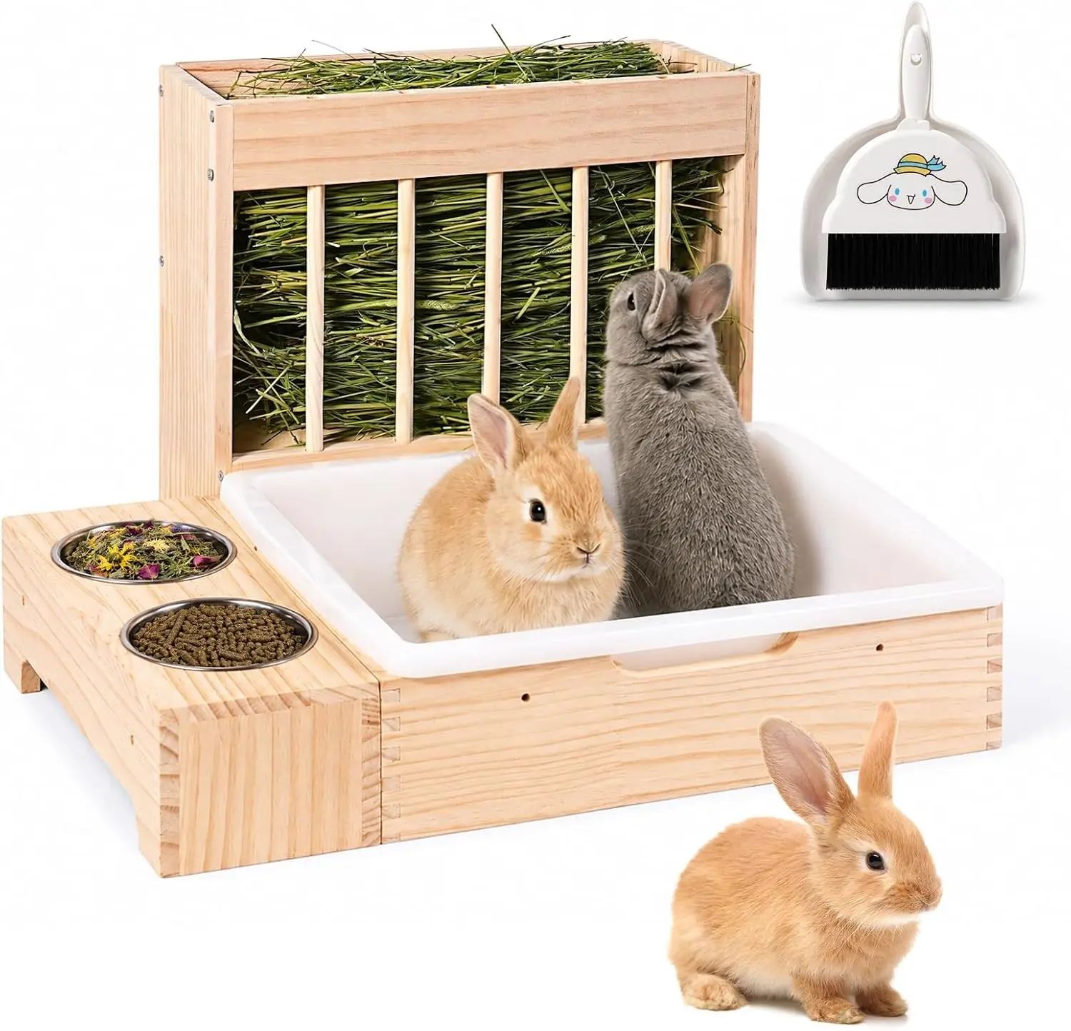 3-in-1 Rabbit Hay Feeder with Litter Box, Bowl Tray for Small Bunnies | Hay Storage Holds 0.7 lb of Hay, Includes a Mini Brush,Easy Clean,Wooden Bunny Toilet for Netherland Dwarf, Polish