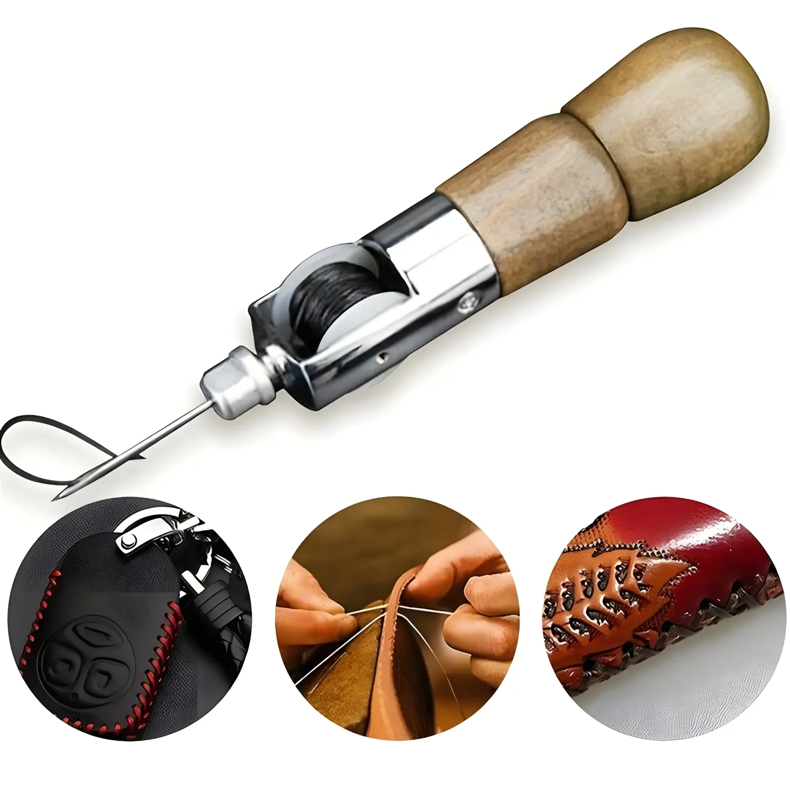 Professional Leather Sewing Awl Kit with Assorted Replacement Needles, Easy-to-Use Heavy Duty Stitching Tool for Thick Leather, Canvas, Saddles and Bags, Durable DIY Craft Repair Sewing Supplies